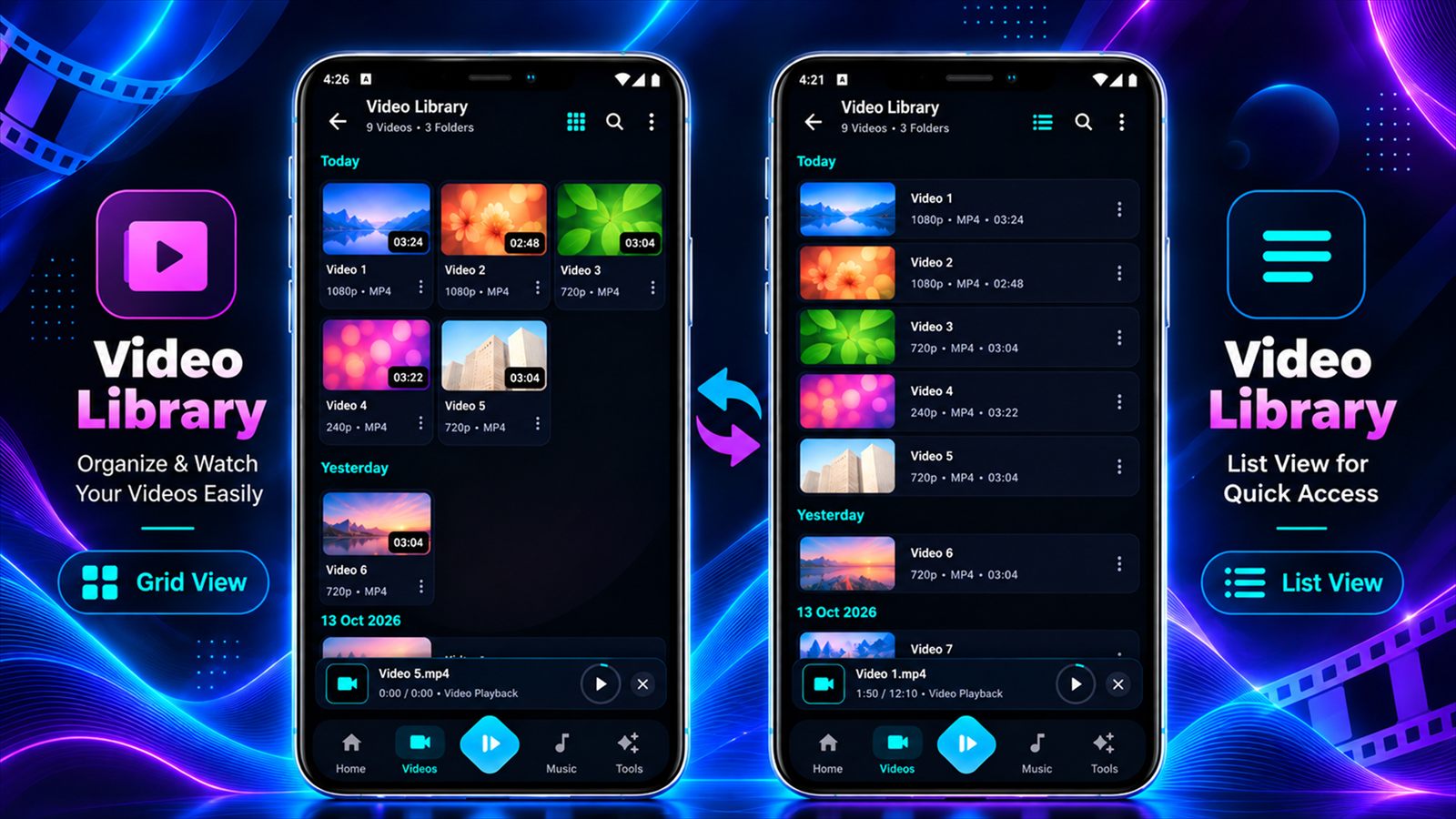 MAV video library in grid view and list view
